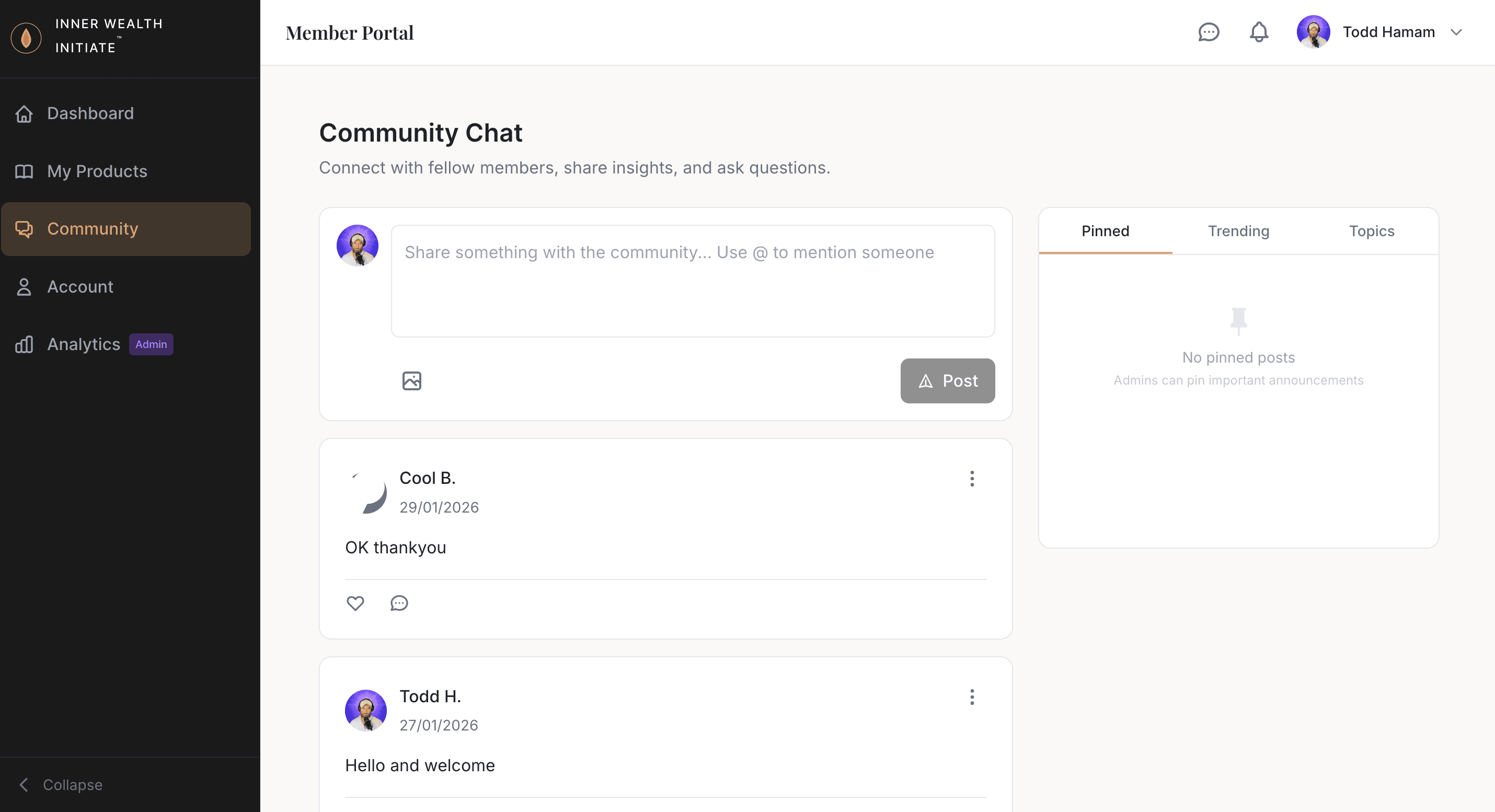 Portal community — internal feed, posts, reactions, pinned content