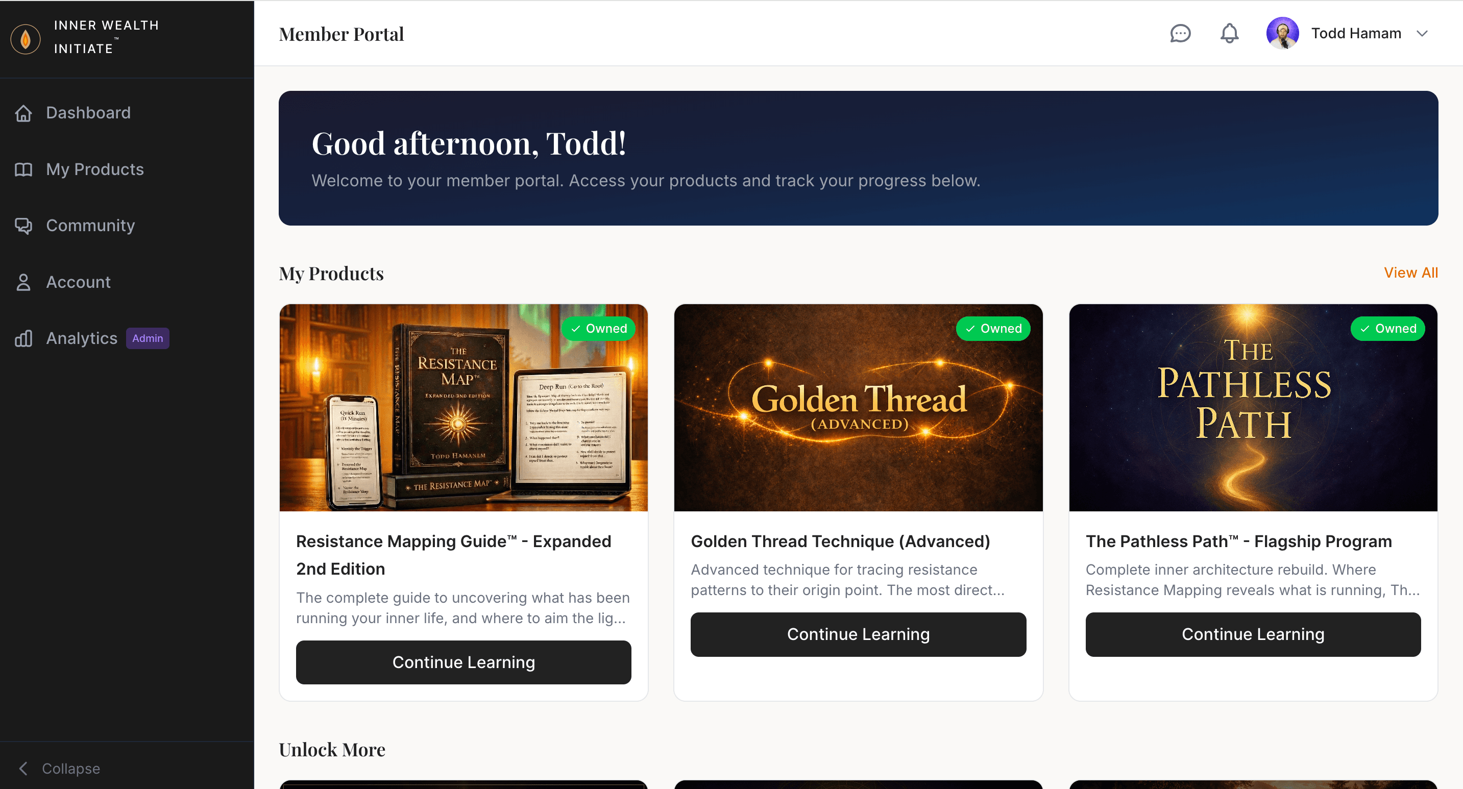 Members portal dashboard — owned programs, continue learning, premium branded UI
