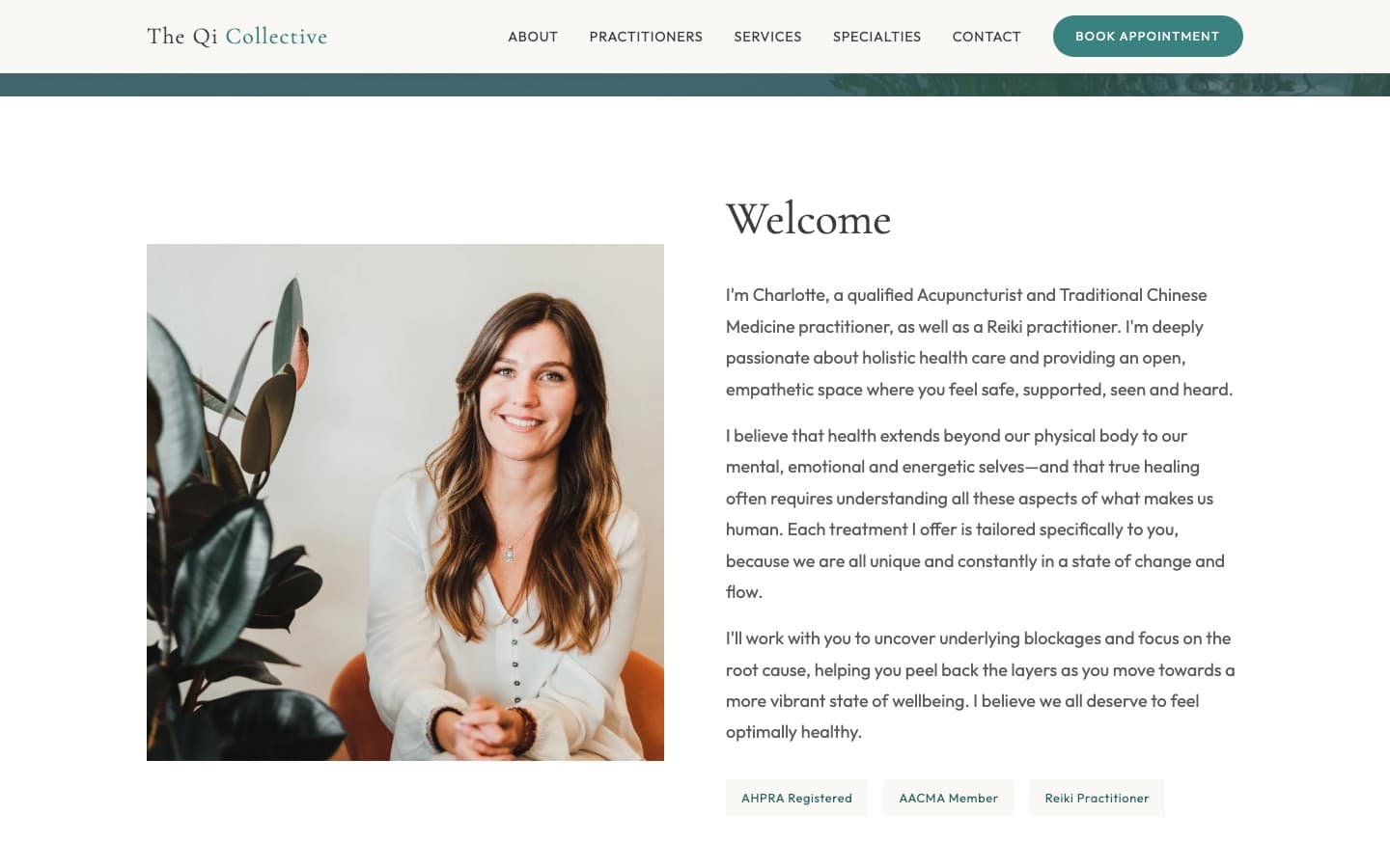 The Qi Collective about section — practitioner bio with credentials