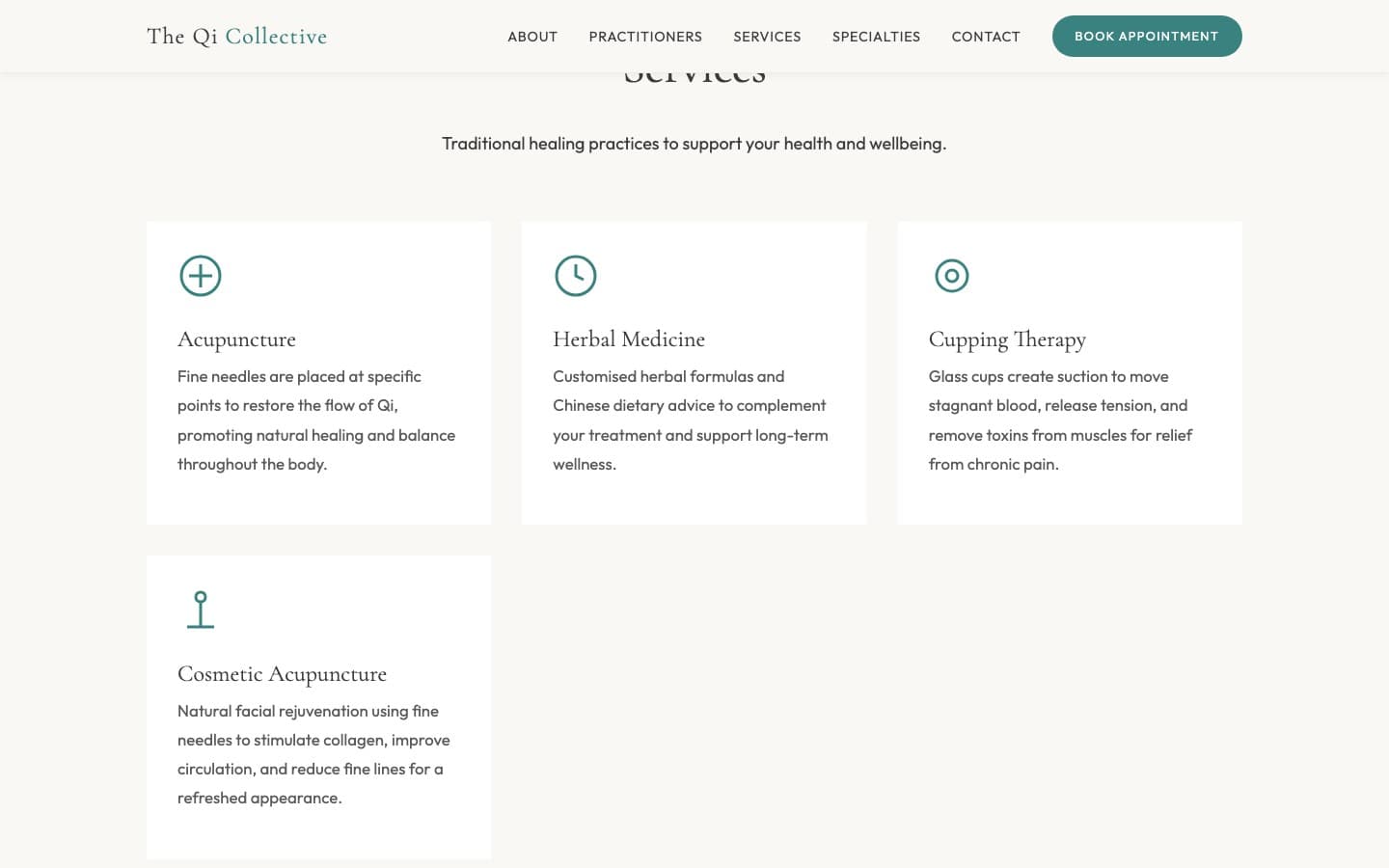 The Qi Collective services section — four treatment modalities with icons