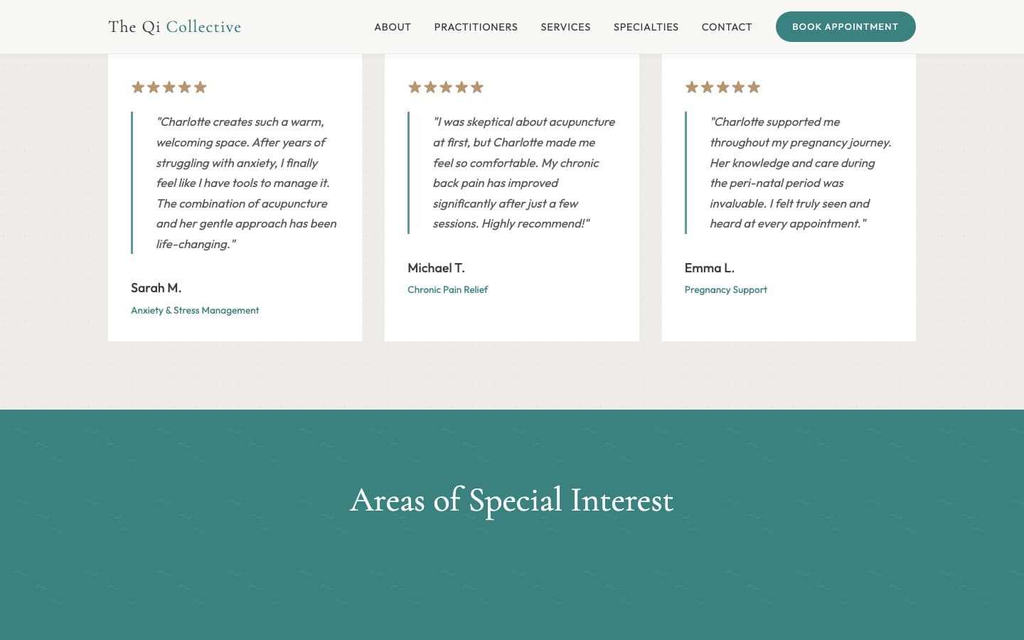 The Qi Collective testimonials — client reviews with star ratings