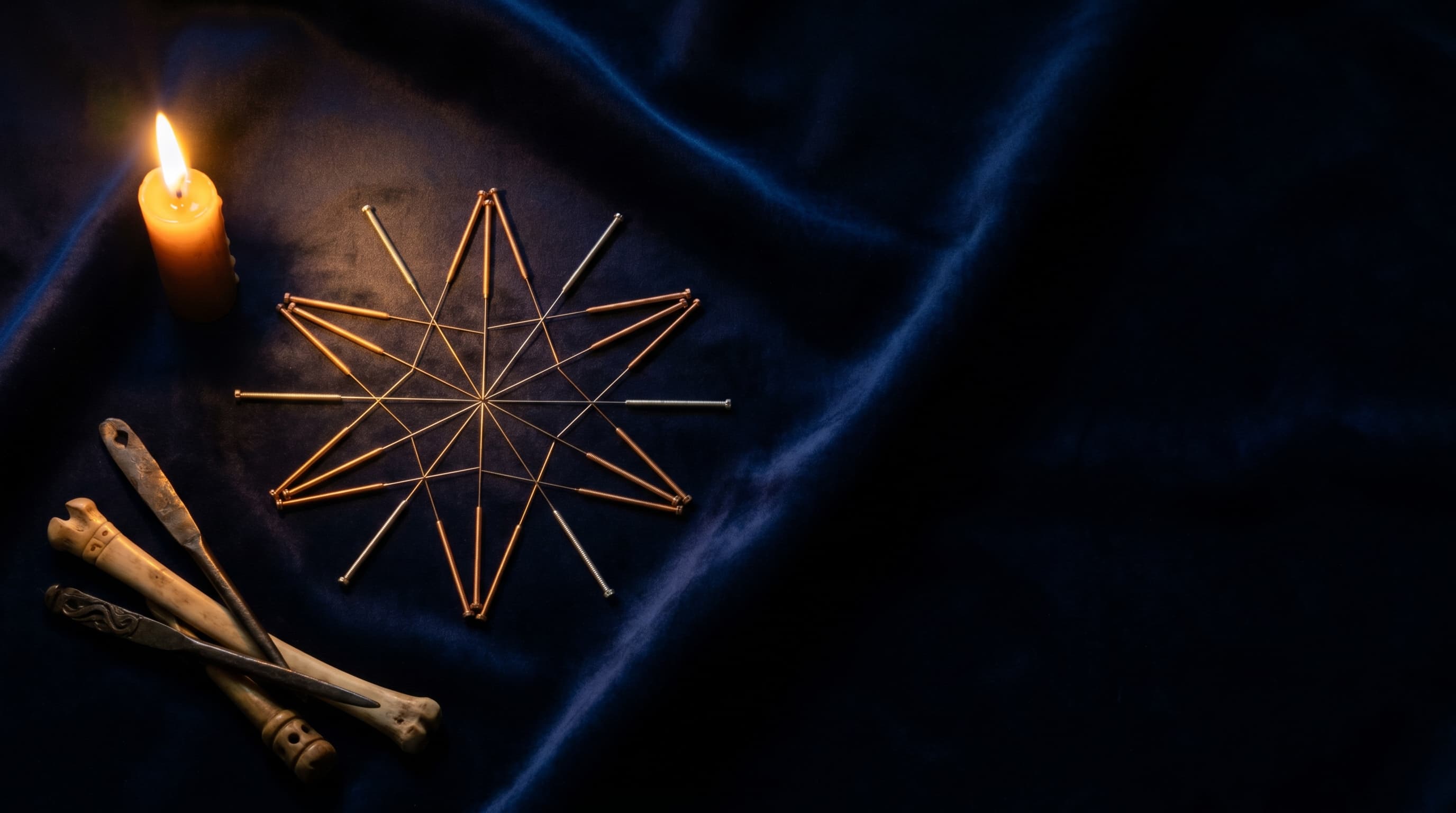 An editorial composition representing the bridge between ancient acupuncture lineage and a contemporary patient's first arrival at a practice.