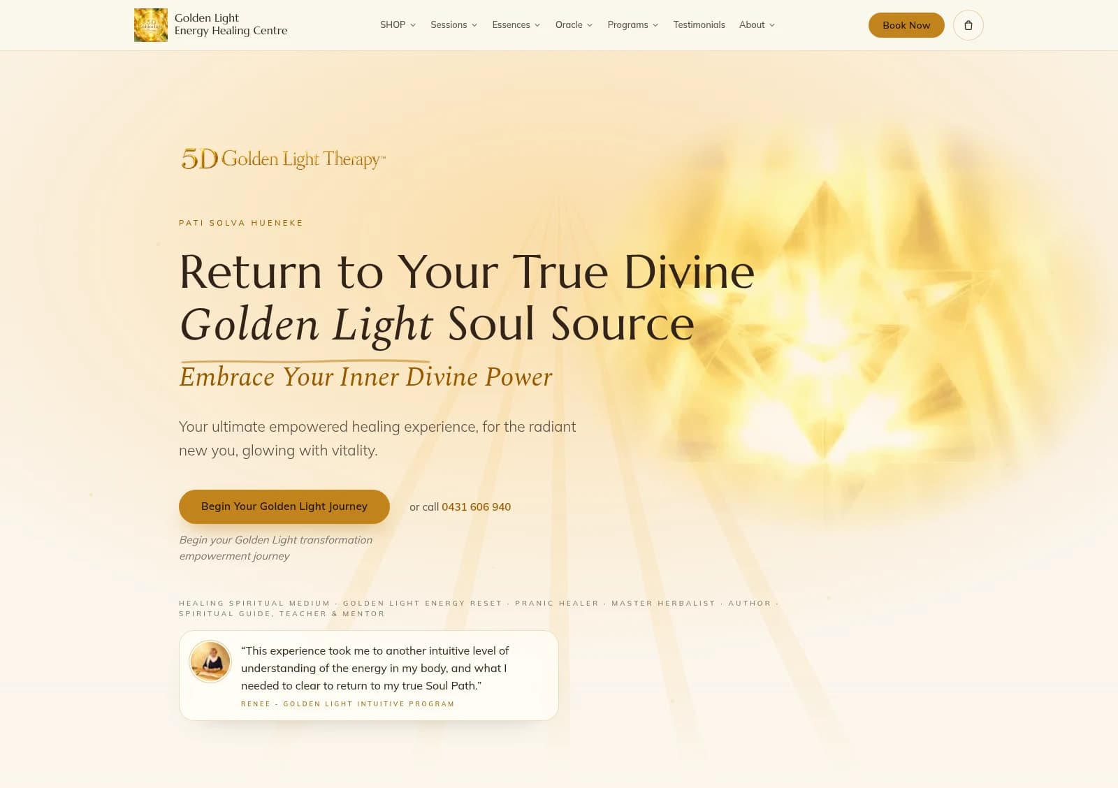Pati's live Golden Light homepage with her 5D Golden Light Therapy wordmark, luminous Merkaba and invitation to begin a healing journey