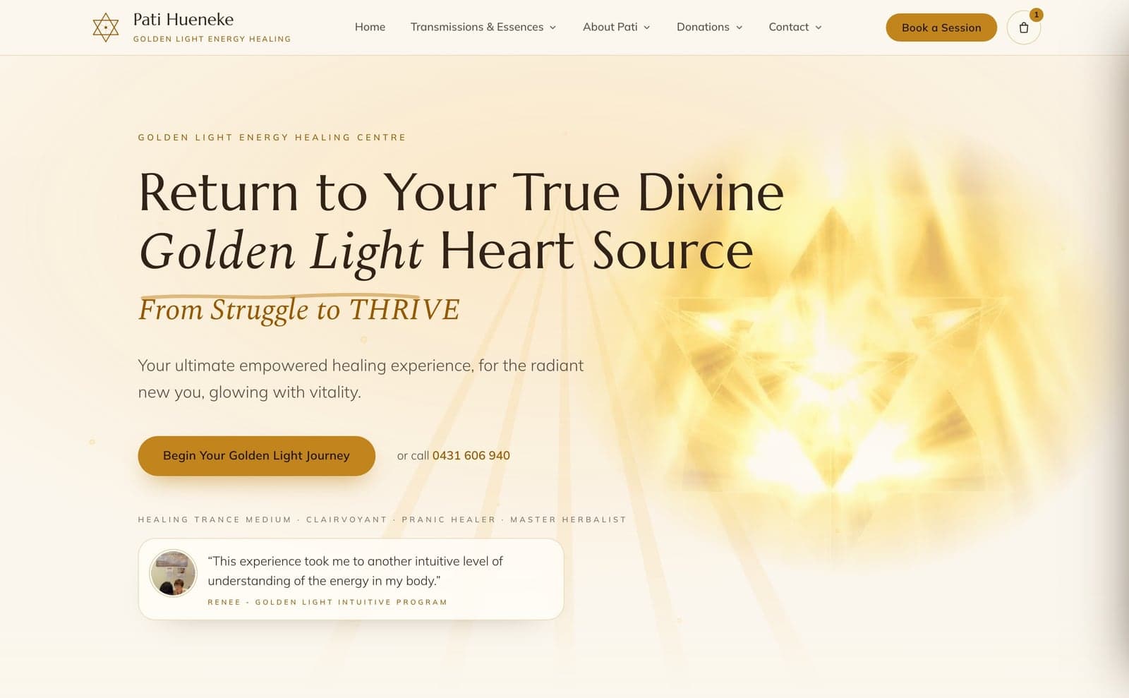 Golden Light Energy Healing Centre homepage — warm luminous gold design with a channelled Merkaba of light