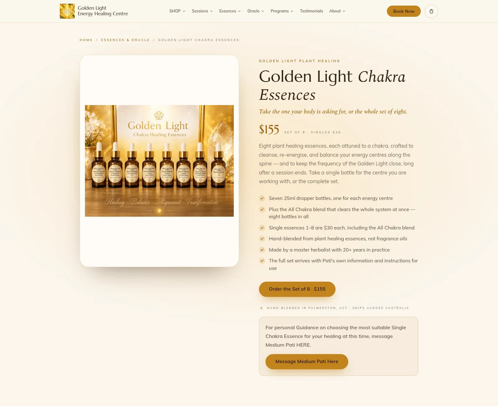 The live Golden Light Chakra Essences page with the eight-bottle collection, single-essence options and order button