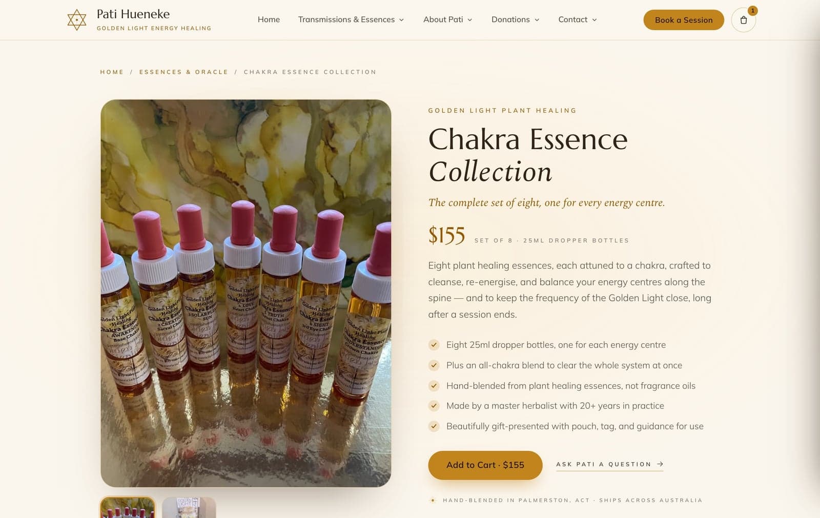 The Chakra Essence Collection product page — full detail page with gallery, price, and add to cart