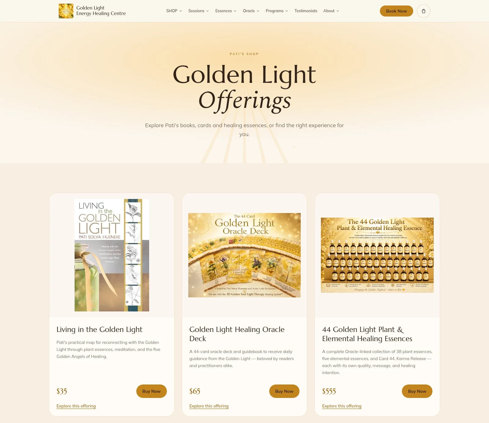 Pati's live Golden Light shop with her book, 44-card Oracle deck and Plant & Elemental Healing Essences