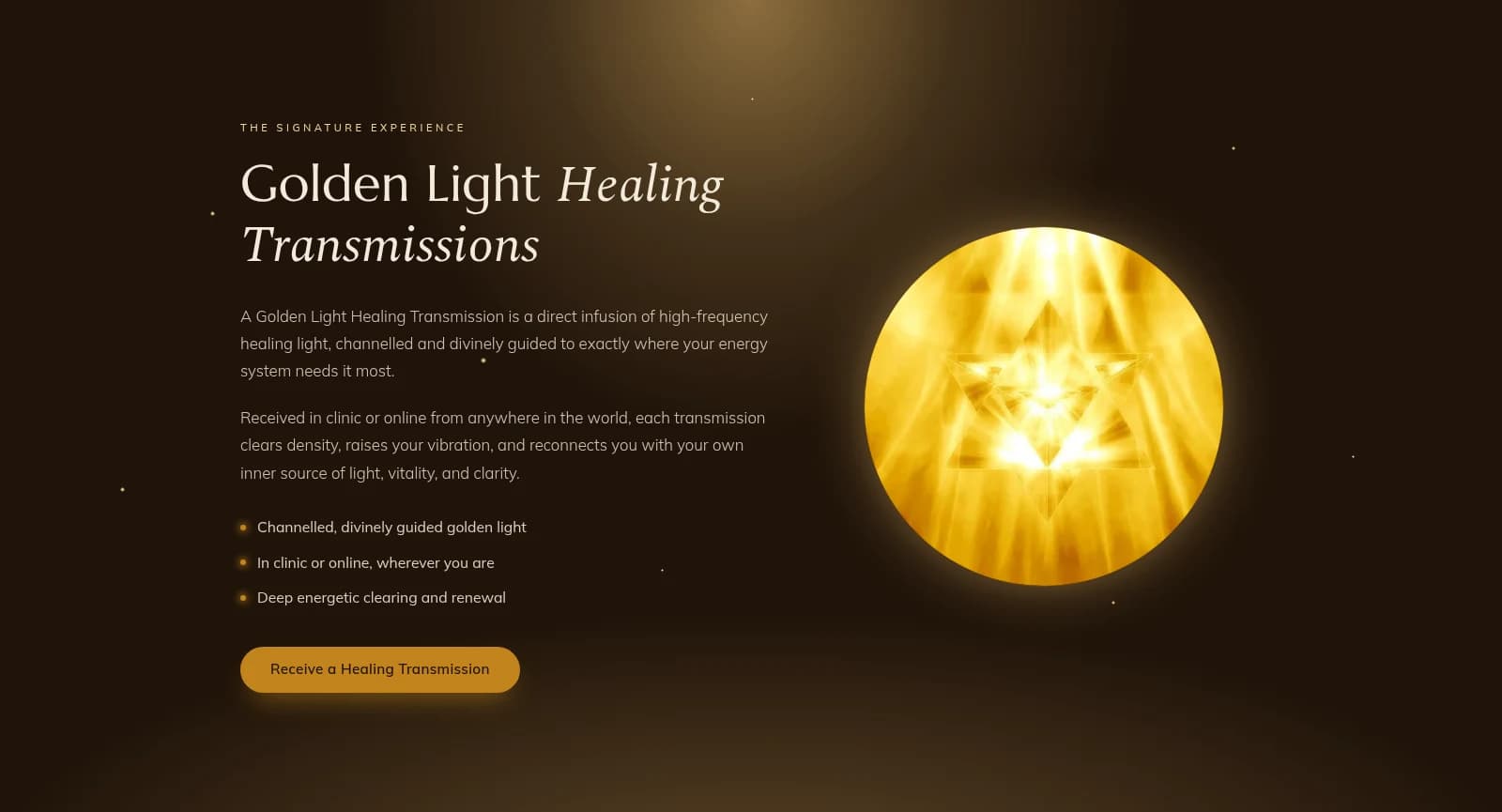 The Golden Light Healing Transmissions section — the signature offering on a dark, reverent stage