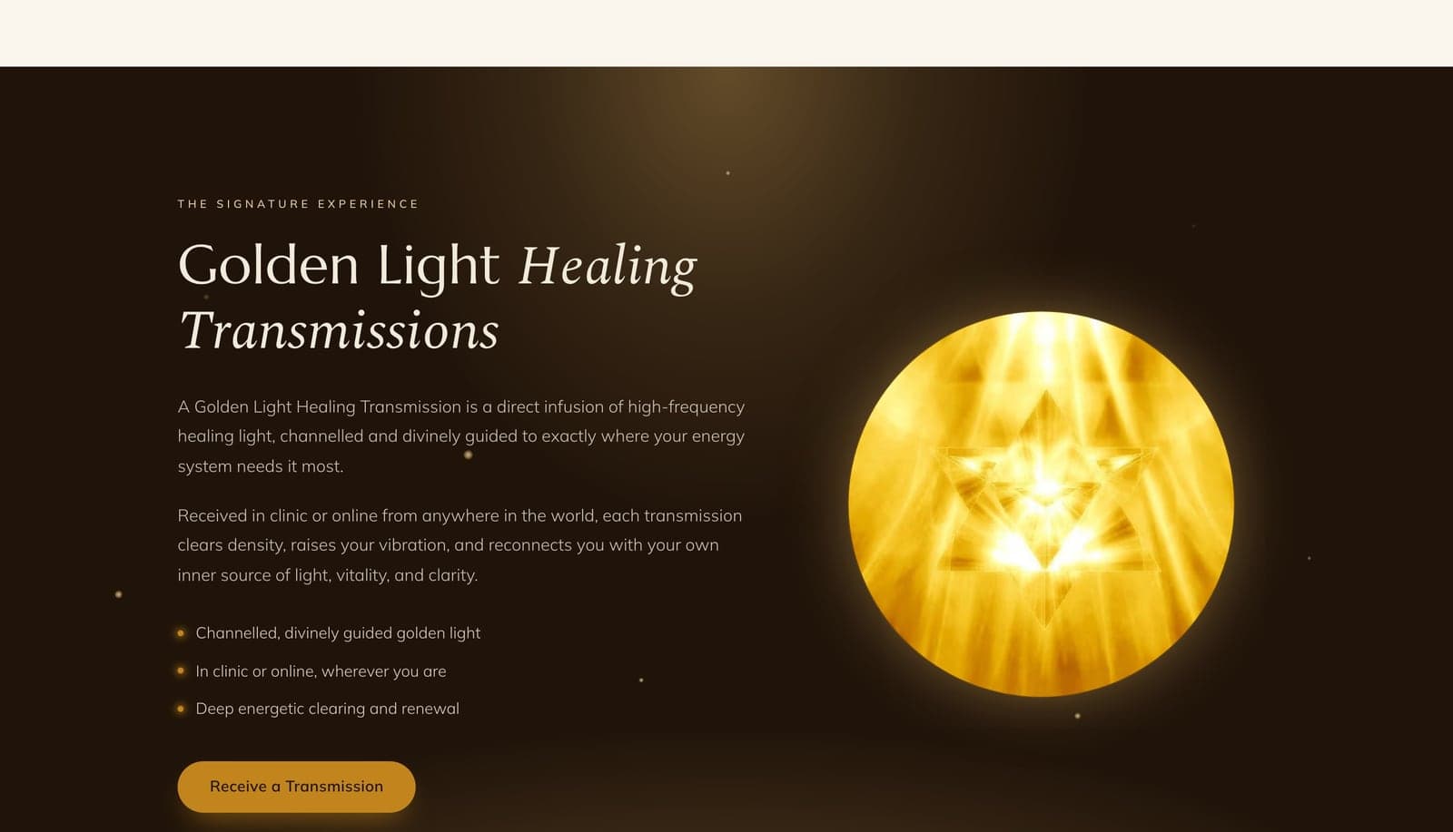 The Golden Light Healing Transmissions section — the signature offering on a dark, reverent stage