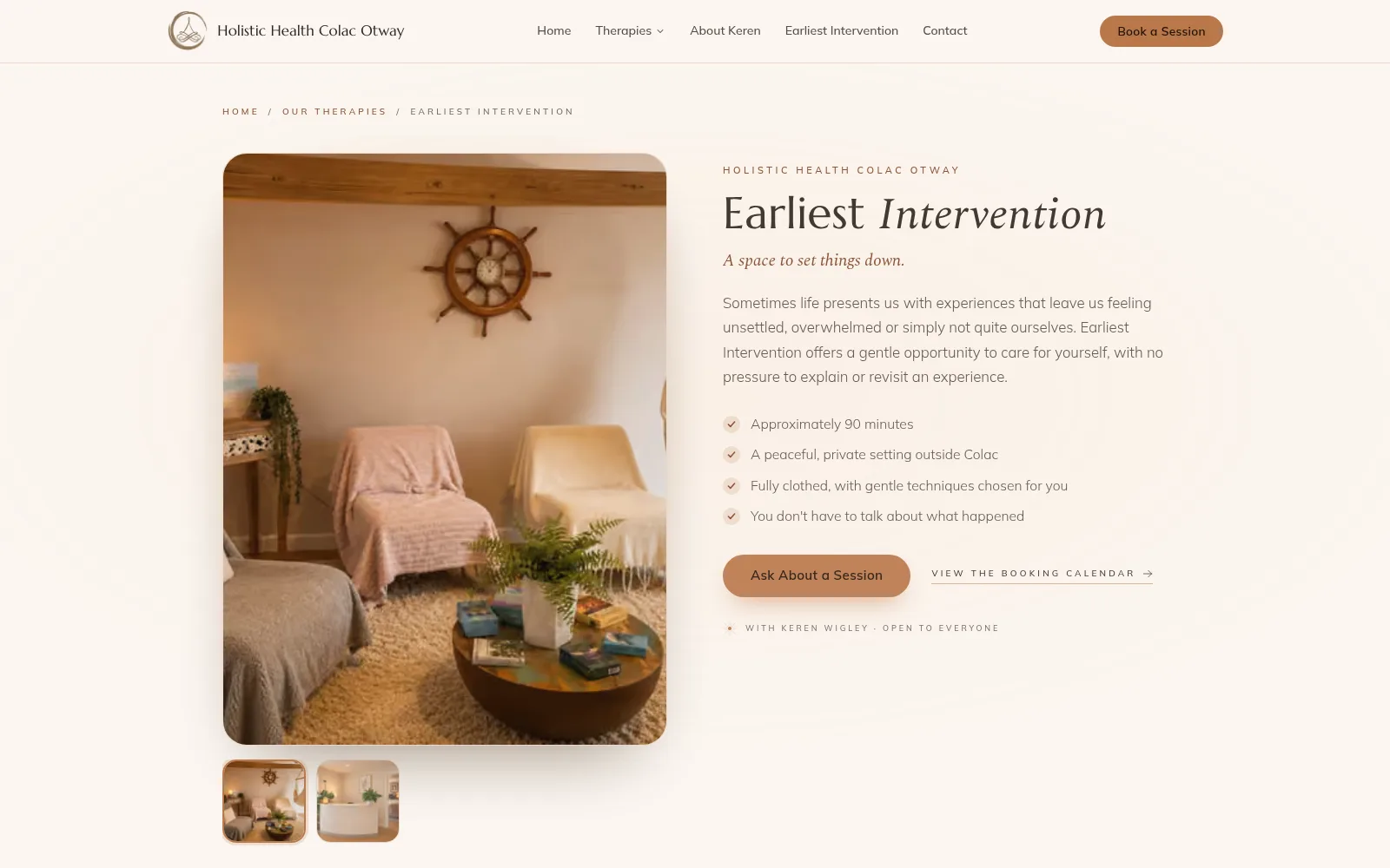 The Earliest Intervention page for Holistic Health Colac Otway, with Keren's treatment room and a gentle invitation to book
