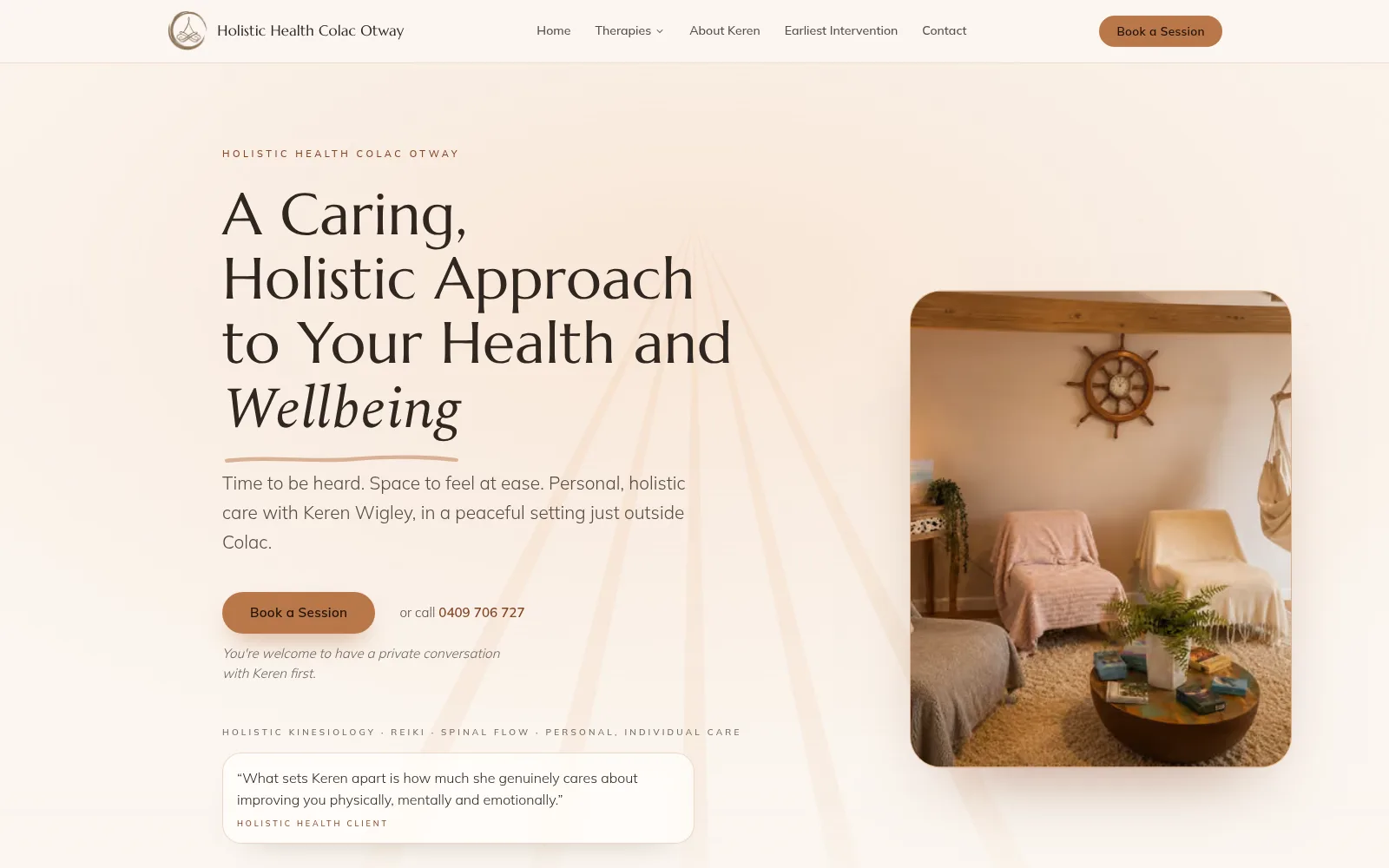 Holistic Health Colac Otway concept homepage — a warm terracotta design with Keren's treatment room and a Book a Session button