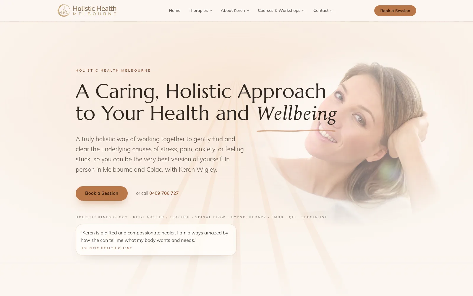Holistic Health Melbourne concept homepage — the same warm design family with Melbourne's own branding and therapies