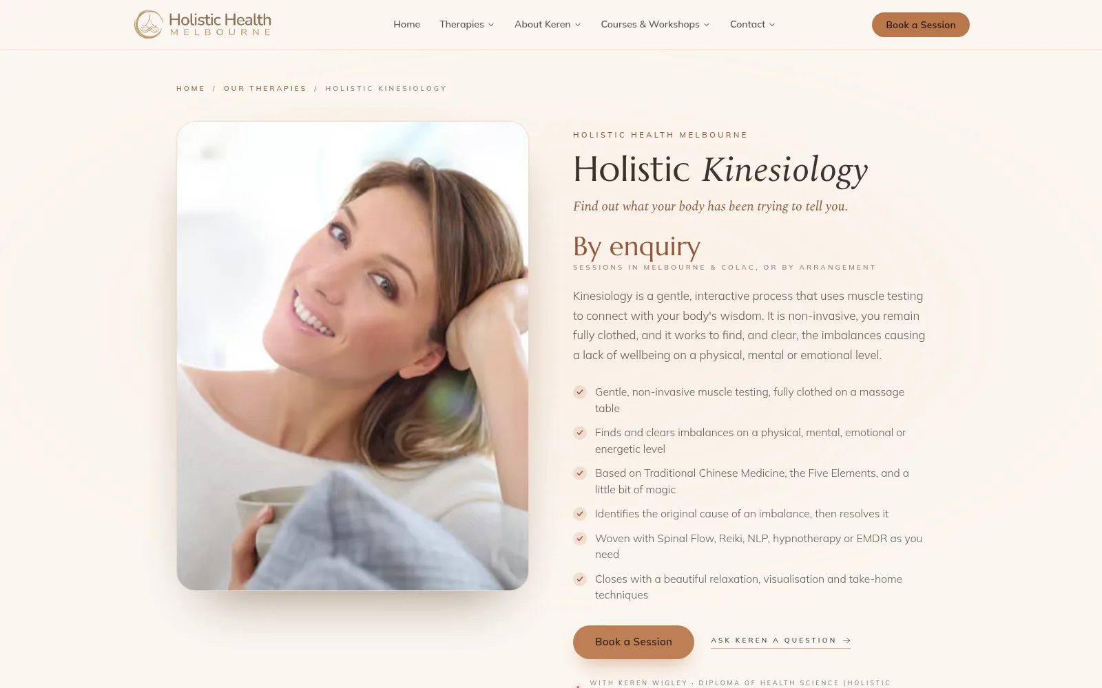 The Holistic Kinesiology page for Holistic Health Melbourne, describing a session and offering Book a Session