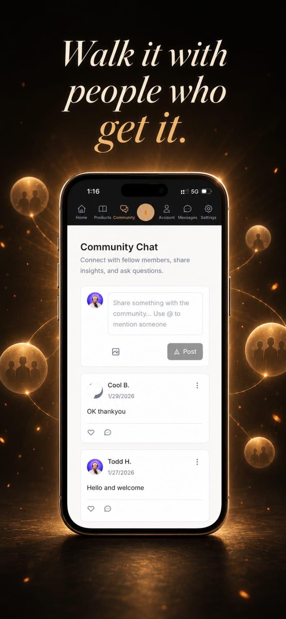 App community feed — member posts, mentions, and reactions
