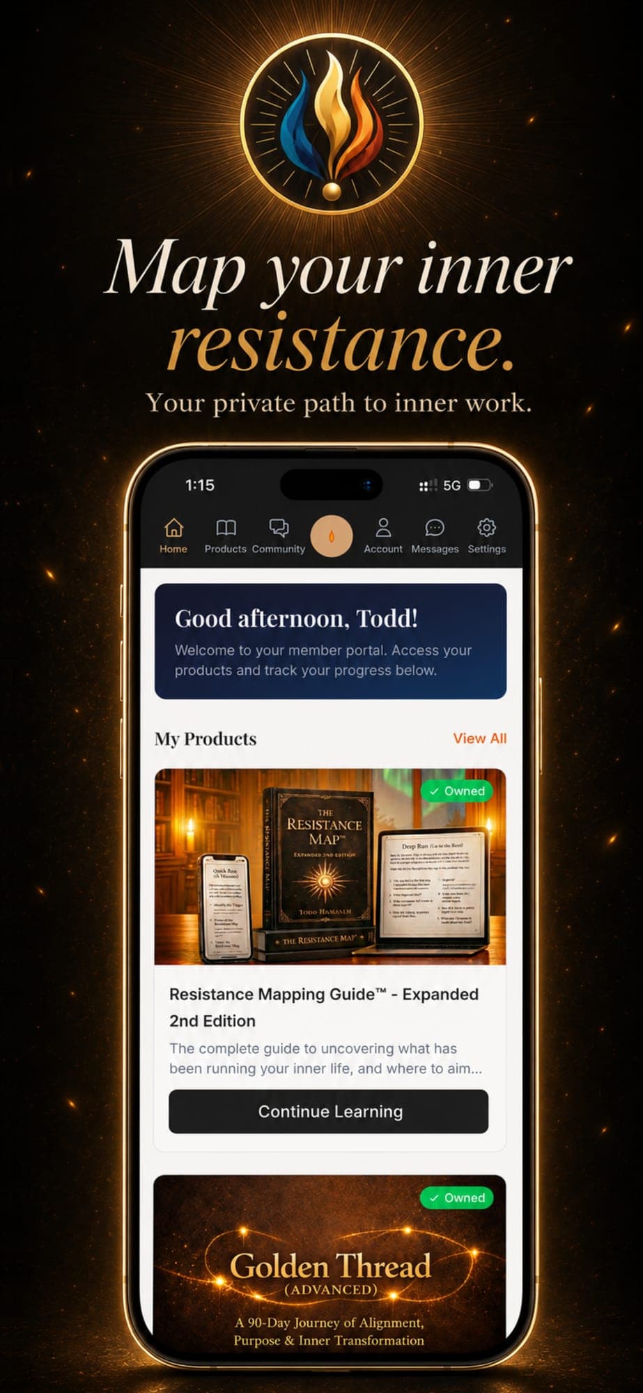 App home — member dashboard with owned programs and continue-learning