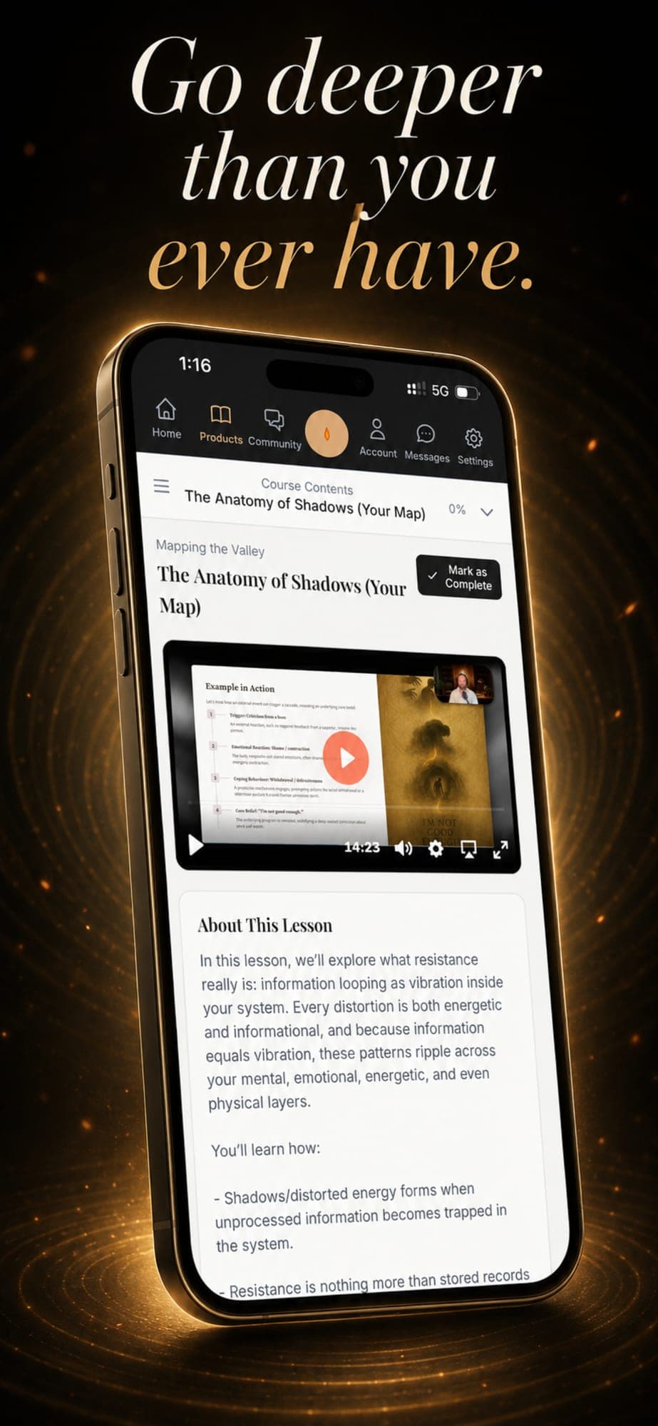App course player — a video lesson with progress and lesson notes