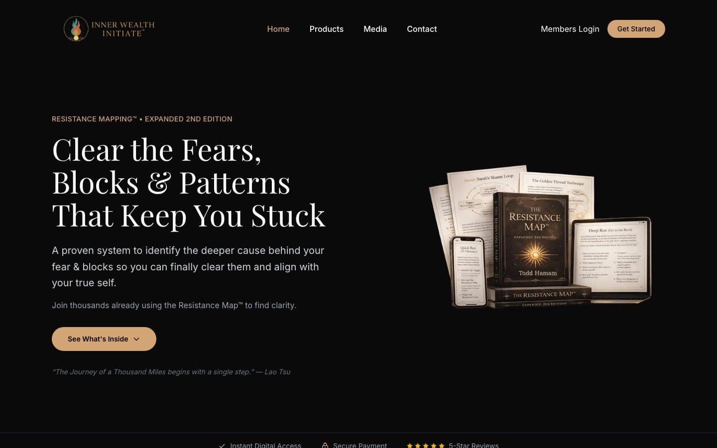 Inner Wealth Initiate homepage — dark premium design with warm gold typography