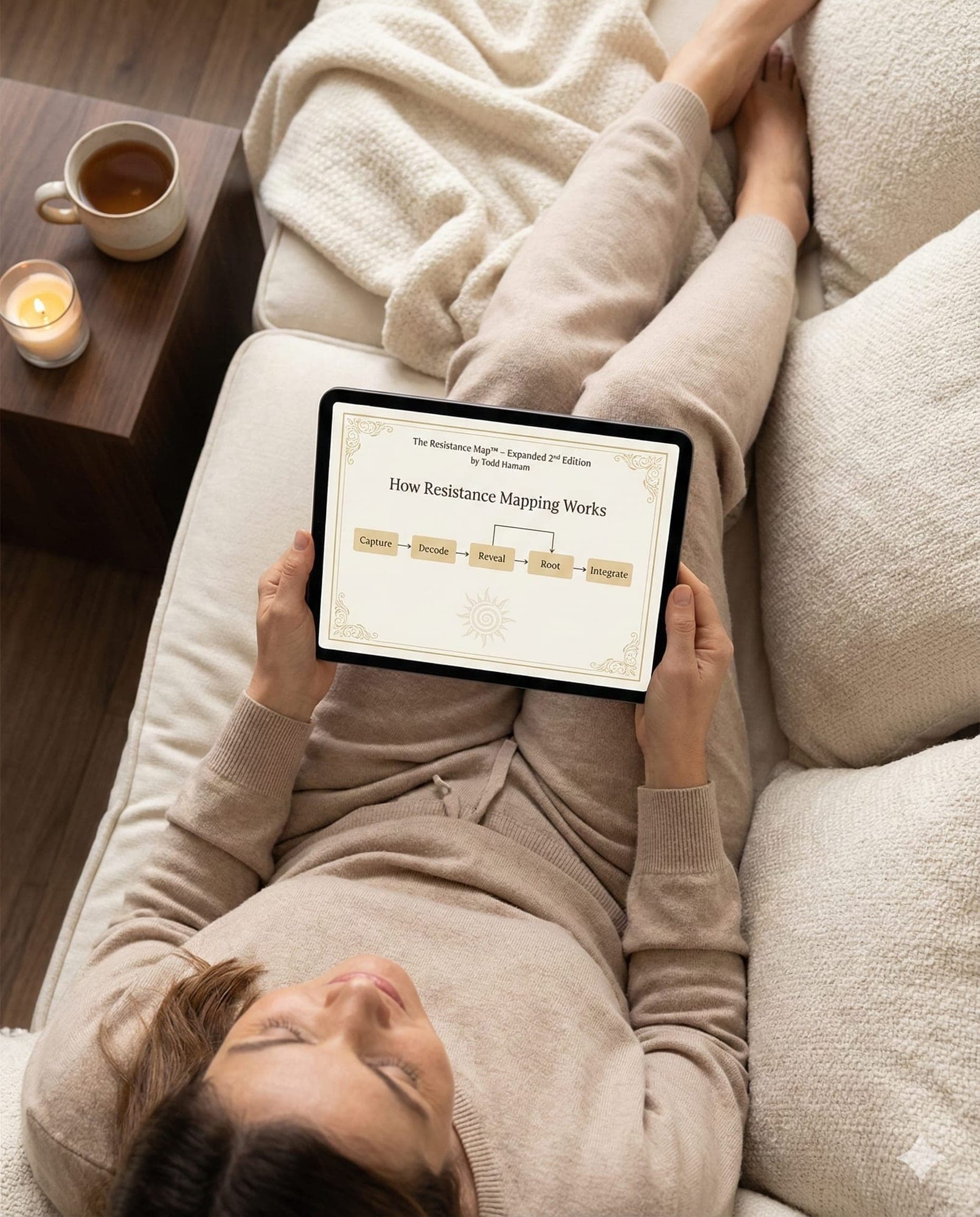 Reading the guide on the couch