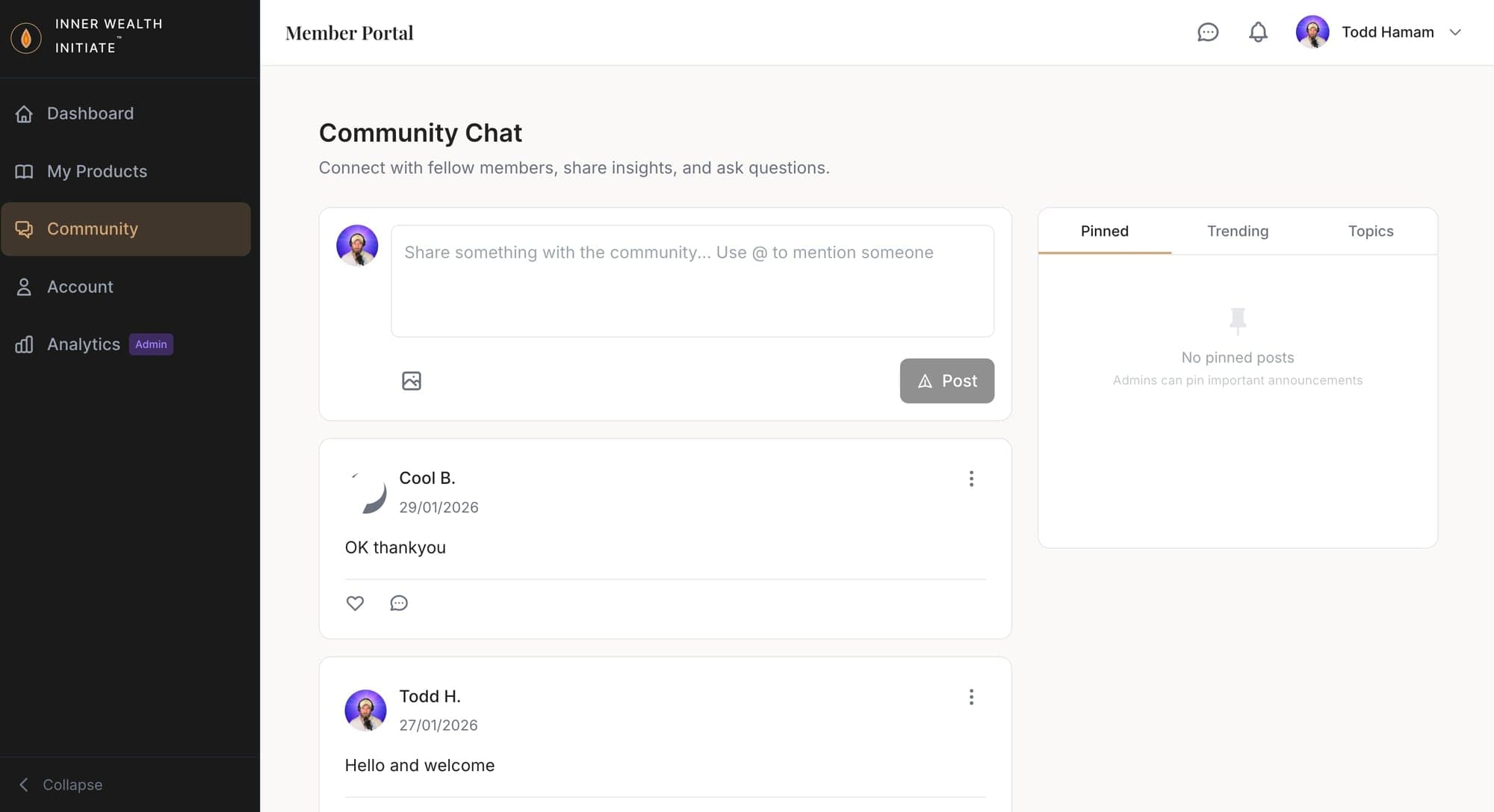 Community chat — social-style feed with posts, reactions, pinned content