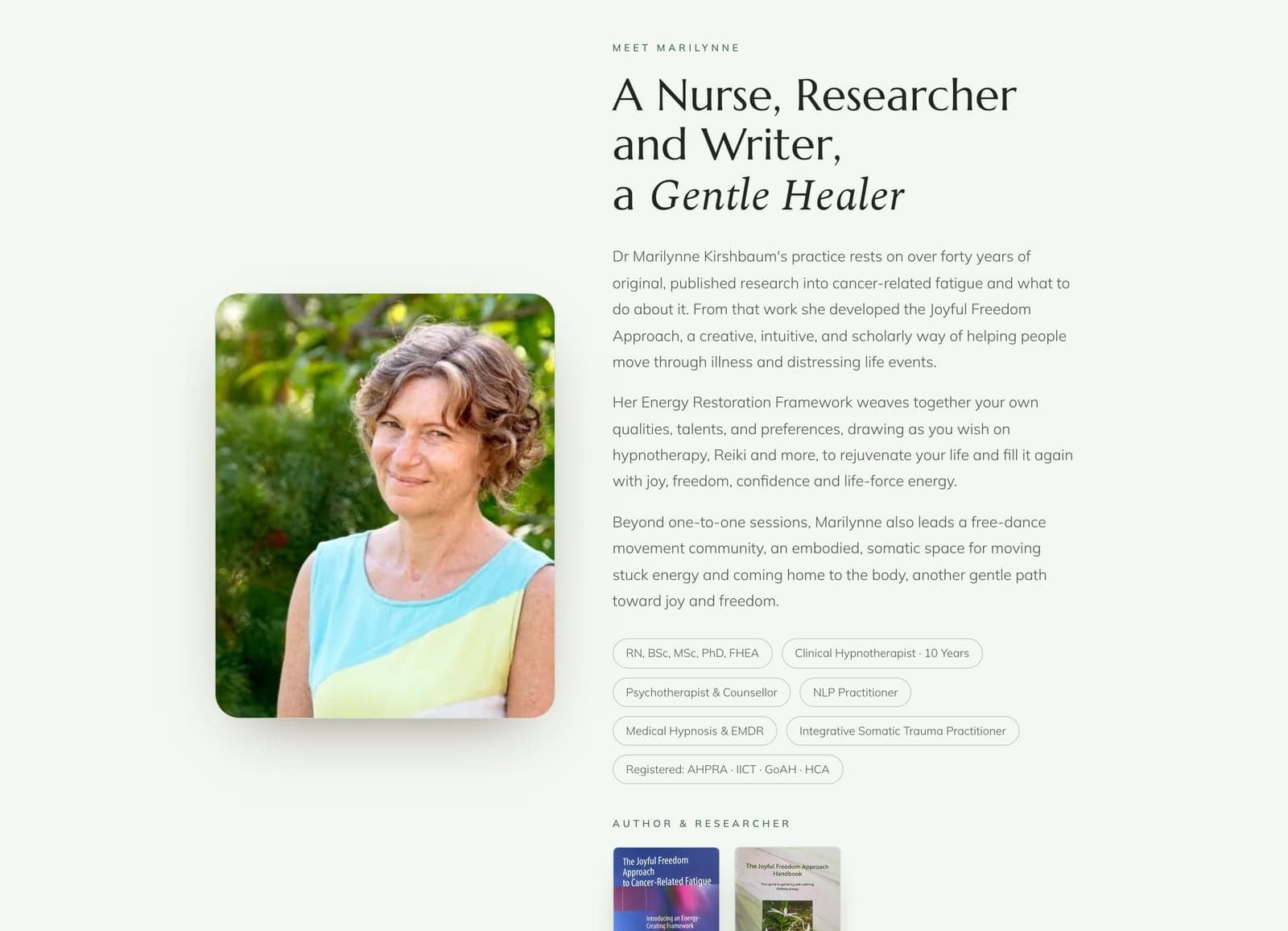 The Meet Marilynne section — practitioner story, credentials, and published research