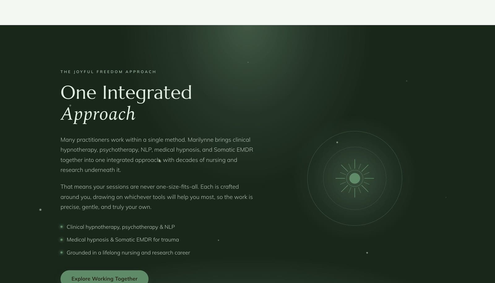 The One Integrated Approach section — the signature offering on a calm, dark forest-green stage