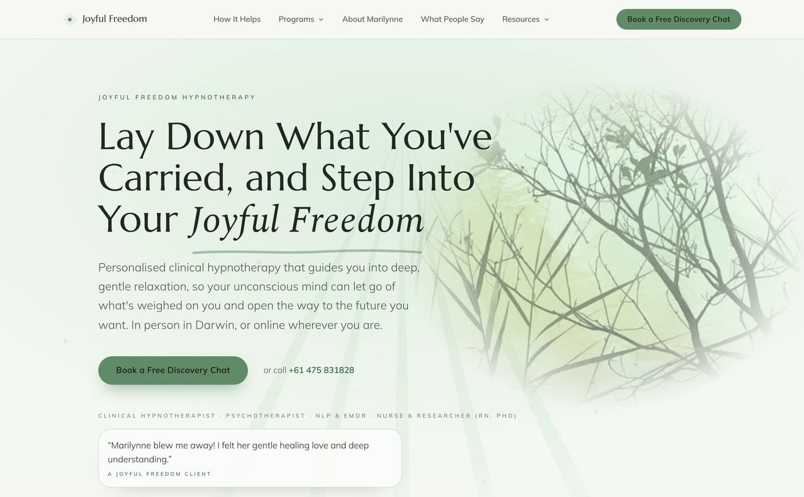 Joyful Freedom Hypnotherapy homepage — serene eucalyptus-green design over a calm water-and-reeds scene