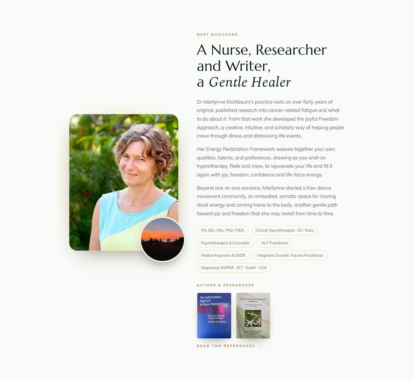 The live Meet Marilynne section — practitioner story, credentials, portrait, and published research
