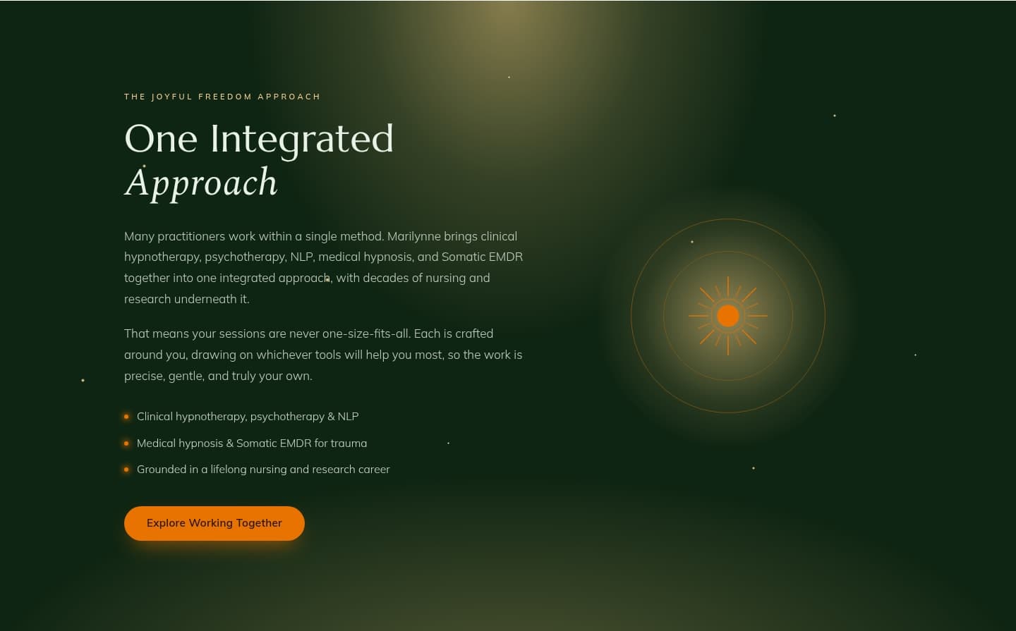The live One Integrated Approach section — the signature offering on a calm, dark forest-green stage