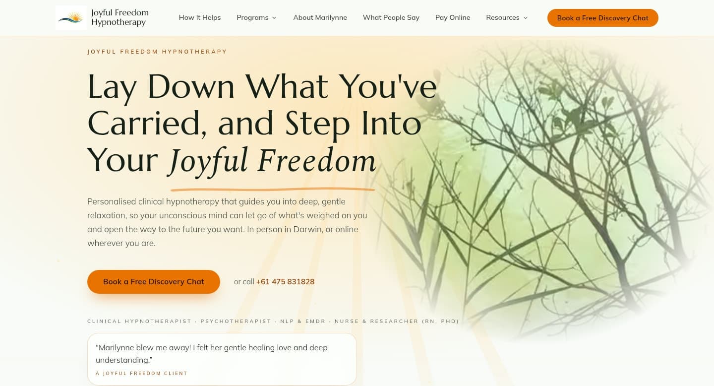 The live Joyful Freedom Hypnotherapy homepage — a warm cream and orange design with a soft green nature image