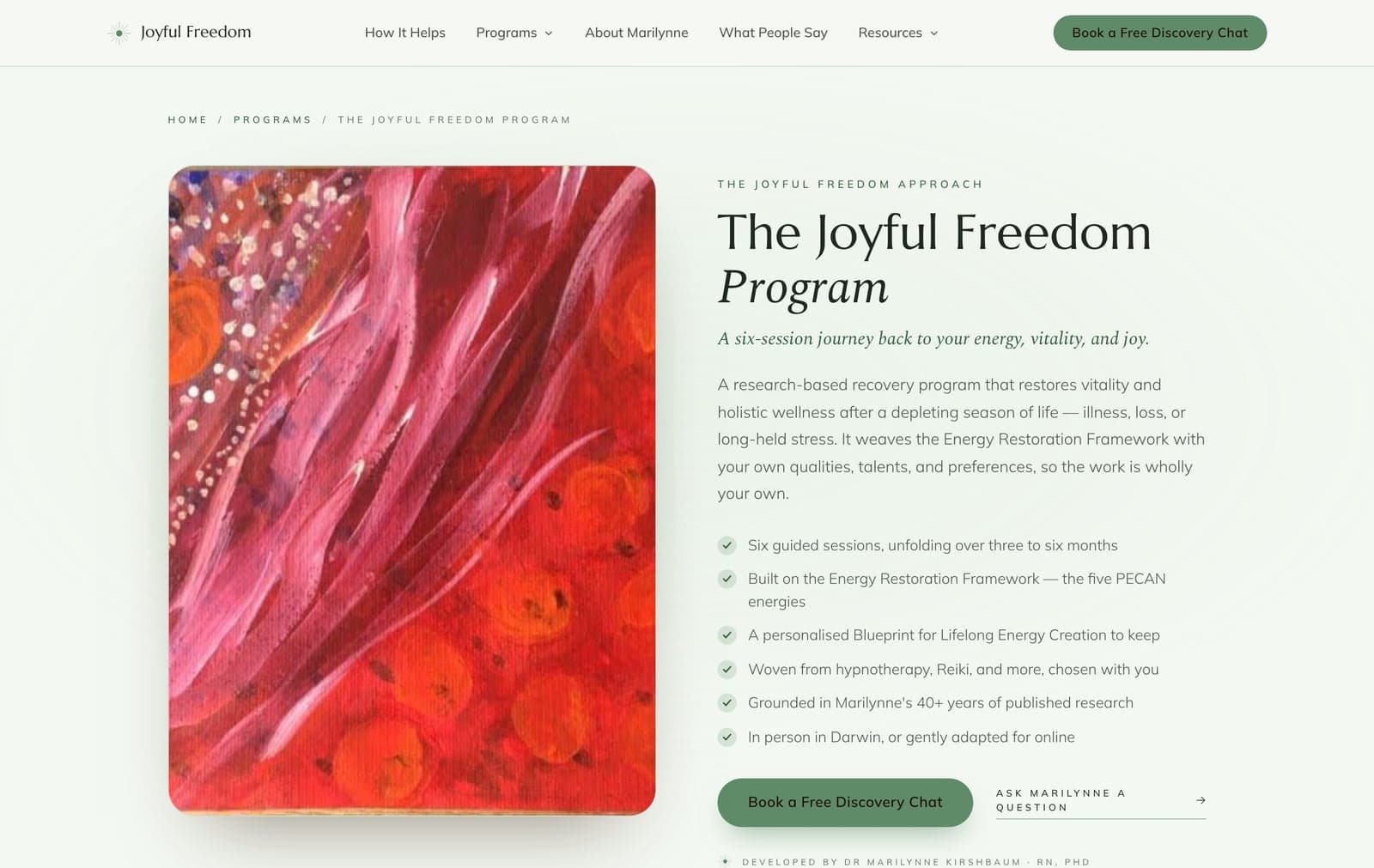 The Joyful Freedom Program page — full detail page with the program story, what's inside, and a discovery-chat CTA