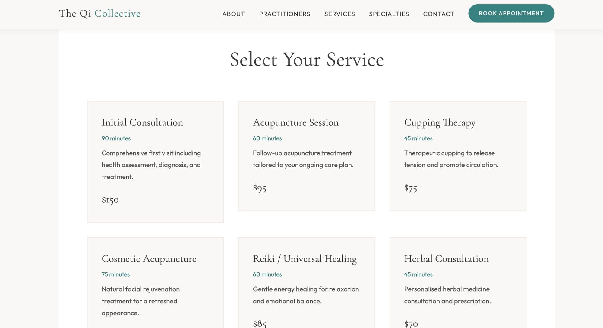 Booking step 1 — select a service from six treatment modalities with duration and price
