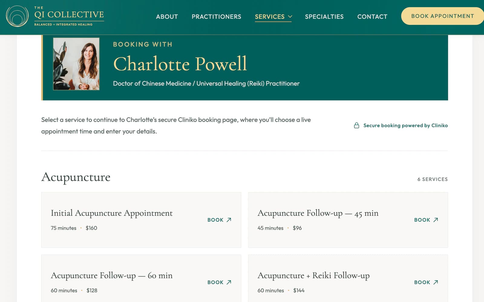 Booking step 2 — compare Charlotte Powell's acupuncture services, durations, and prices