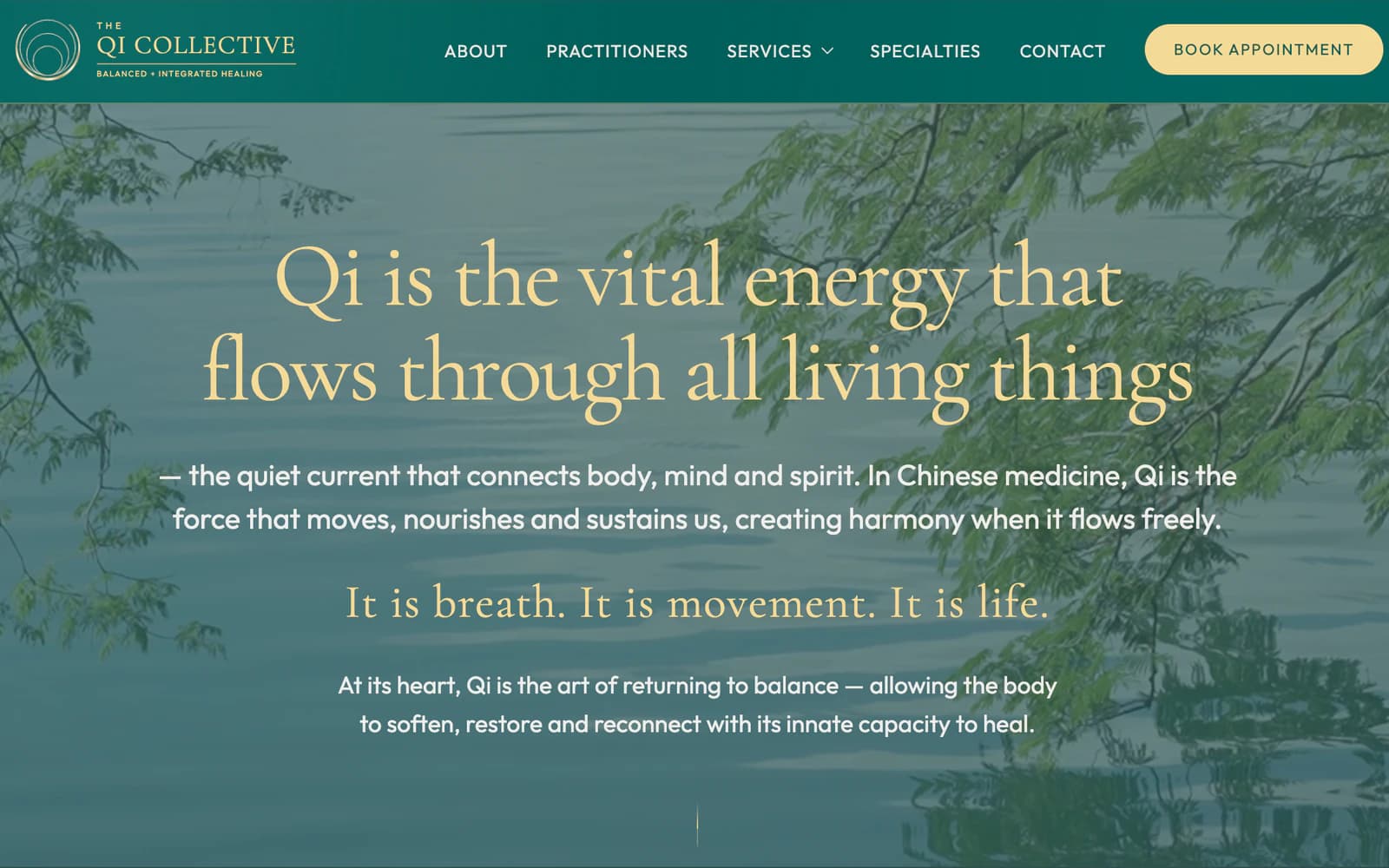 The Qi Collective homepage — deep-teal and warm-gold design with a calm waterside hero