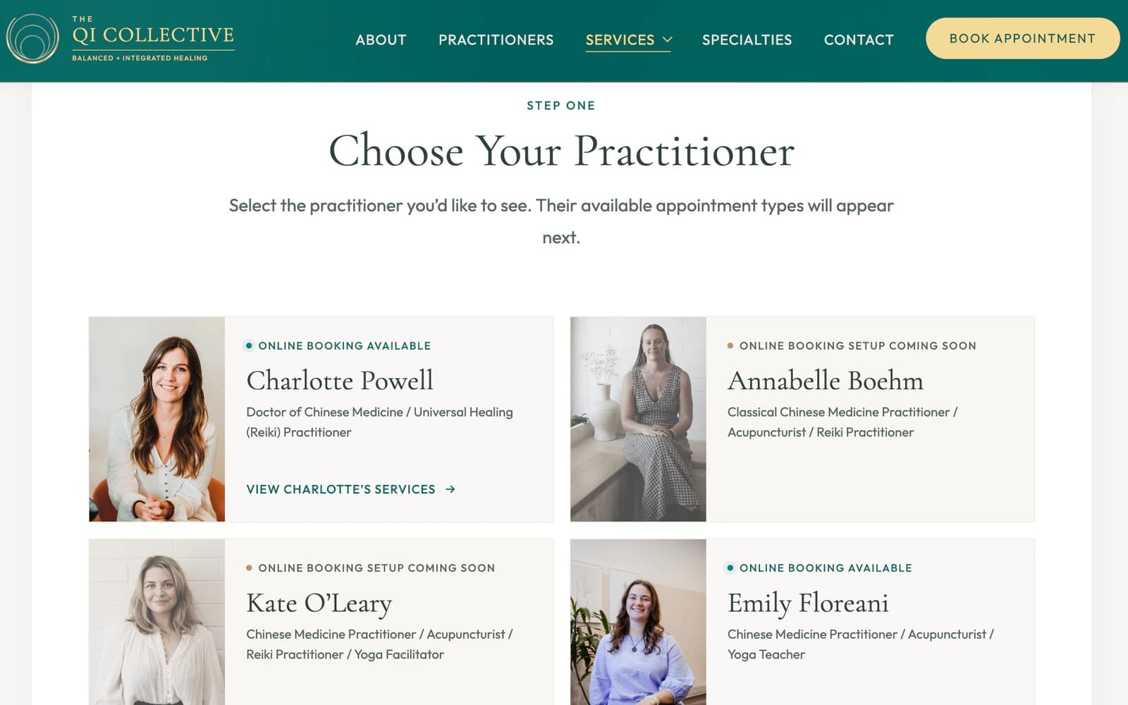 The Qi Collective practitioner selector — Charlotte Powell and the wider clinic team in one clear booking path